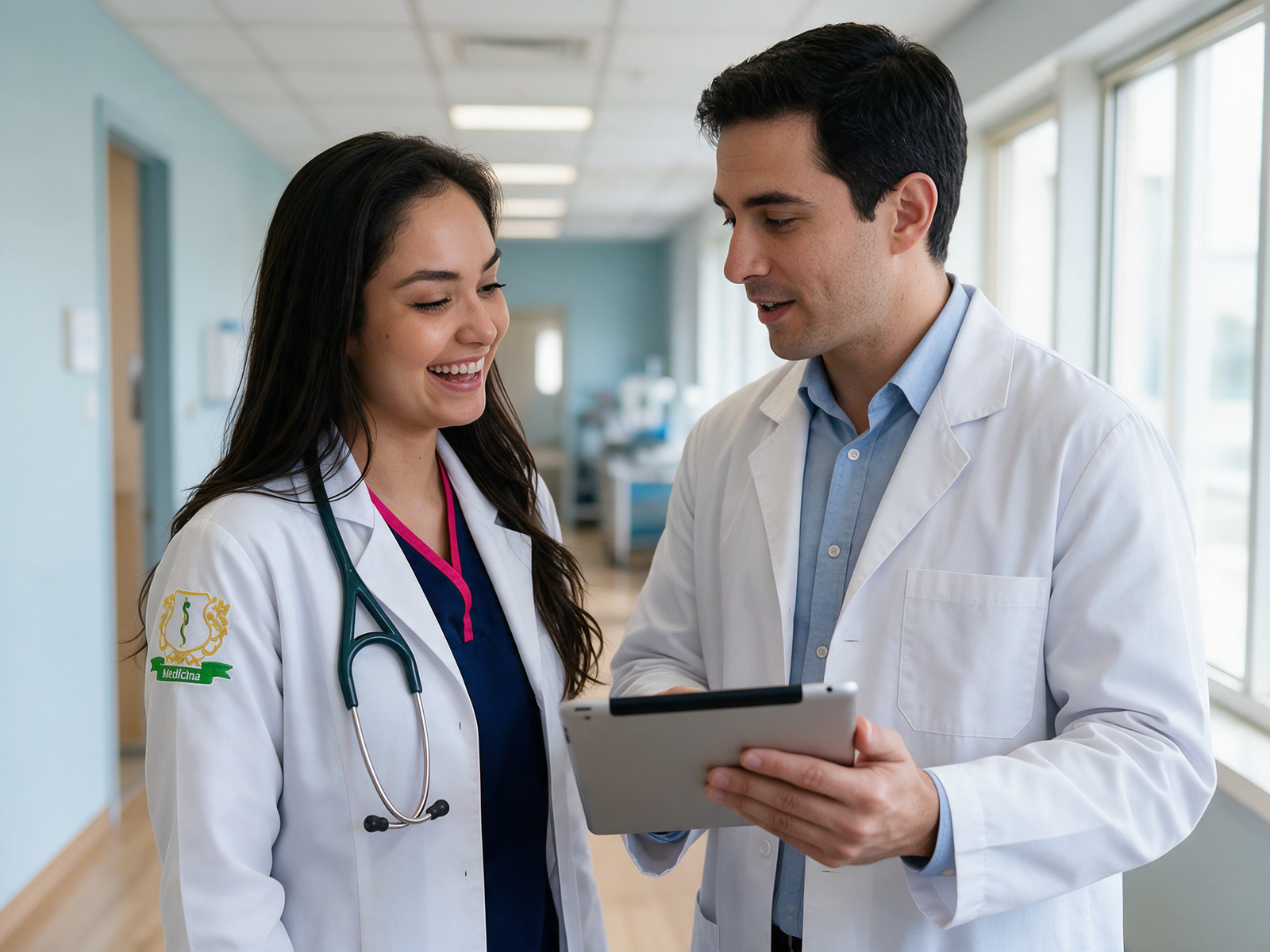 Médica e médico conversando enquanto olham um tablet
