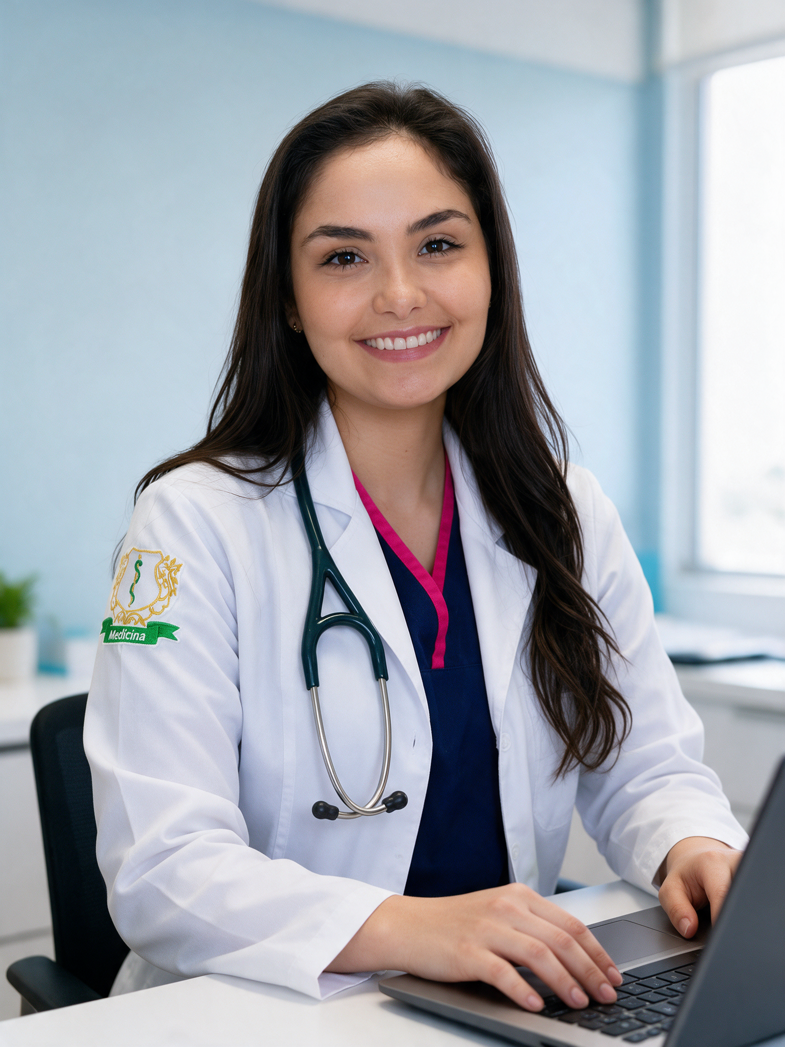Médica sorrindo no consultório com notebook